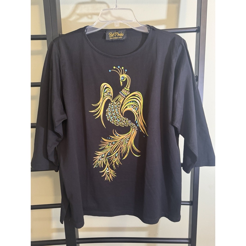 Bob Mackie Wearable Art XL Peacock Bird Rhinestones Black 3/4 Sleeve Top